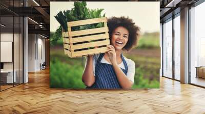 Agriculture, happy and box with portrait of woman in countryside for sustainability, environment and vegetables supplier. Growth, plants and farming with person in field for permaculture and harvest Wall mural