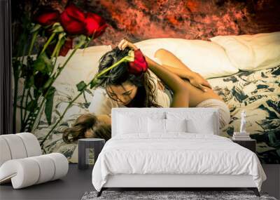 Passionate lesbian couple color toned Wall mural