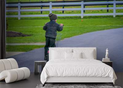 Unidentified little amish boy playing with his roller bikes or scootersin the backyard of his house Wall mural