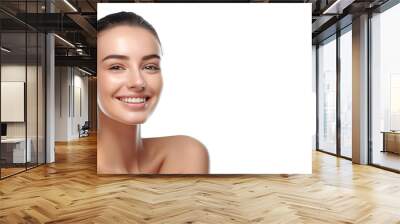 Beautiful young woman with clean perfect skin. Portrait of beauty model with natural nude make up. Spa, skincare and wellness. Close up, white background, copy space. Wall mural