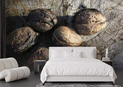 Group of walnuts on a wooden background Wall mural