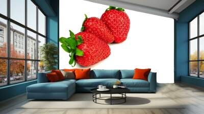 three strawberries on a white background, side view Wall mural