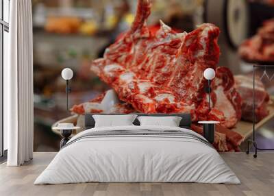 Raw meat on the counter in the market lies on a tray. Close-up. Shallow depth of field. Blurred background. Wall mural