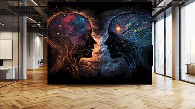 Silhouettes of two people with glowing neural connections. The concept of relationships, different views, feelings and faith. The process of human thinking and ideas. Generative AI Wall mural