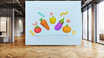 3d render vegetables icons. tomato, pumpkin, eggplant, bell pepper and carrot. collection of food items and 3d shapes. abstract background. Wall mural