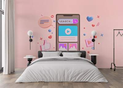 Abstract geometric shapes background with a smartphone. application interface. trendy design for social media advertising. 3d rendering Wall mural