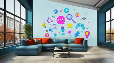 abstract modern trendy colorful social media and technology icons. 3d rendering Wall mural