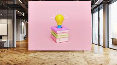 cartoon style books and light bulb isolated on pastel background. education, Knowledge creates ideas conceptual design. 3d rendering Wall mural