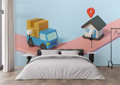 delivery truck with package and house with location pin. online delivery service. 3d rendering Wall mural