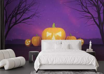 jack o lantern Halloween pumpkins In a Spooky Forest. 3d rendering Wall mural