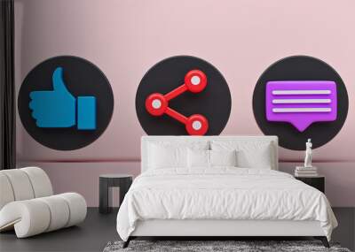 Like, share and comment. Social network signs, icon set. minimal design. 3d rendering Wall mural