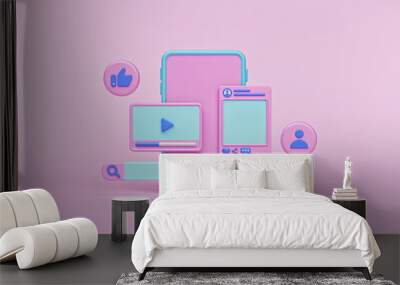 social network Icons with a smartphone. trendy design for social media advertising. modern technology concept. 3d rendering Wall mural