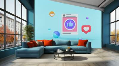 Social network post and like icon isolated on pastel blue background. minimal concept. 3d rendering Wall mural