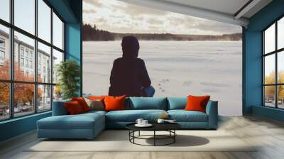 A girl sits on the shore of a winter lake. Wall mural