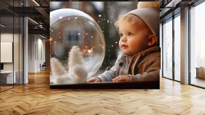 child playing with a christmas ball in front of a christmas tree Wall mural