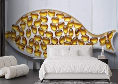 omega 3 vitamins, fish oil, vitamin d in fish shape  on white background, ai generated Wall mural