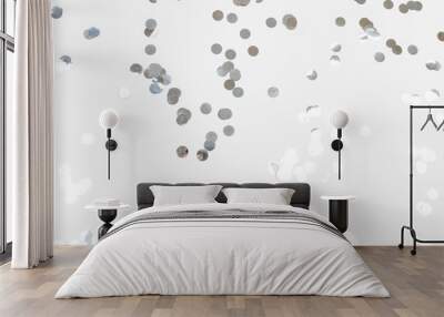 round silver confetti on white background flat lay text place . Wall mural