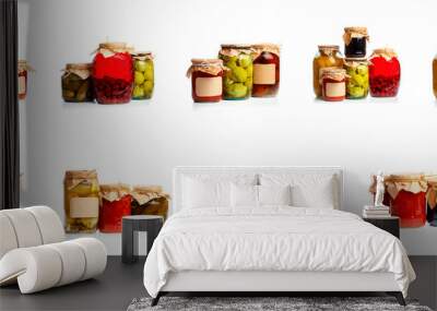 set of  glass bottle with preserved food on white background . Wall mural