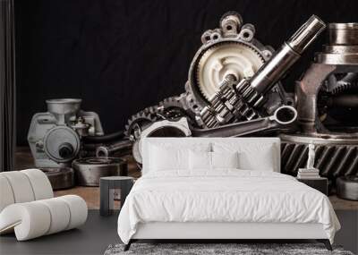 Various car parts and accessories, on black  background - Image Wall mural