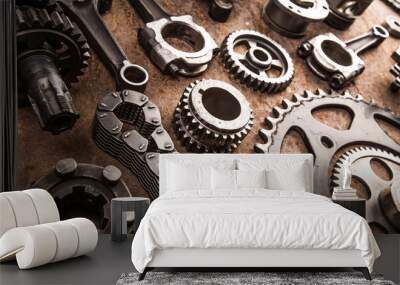 Various car parts and accessories, on metal  background - Image Wall mural