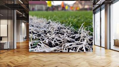 Close-up synthetic grass of football soccer sport field. Pattern of green artificial turf. Wall mural