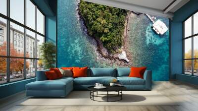 Aerial view of a tropical island with lush greenery surrounded by a crystal-clear coral sea, featuring a small pier and pavilion, ideal for travel or vacation concepts Wall mural