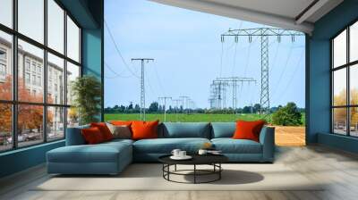 electricity transportation with hgh voltage wire on pylon Wall mural