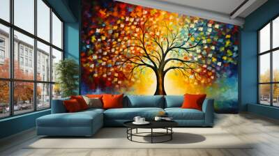 Colorful Tree Acrylic Oil Painting. Brush Strokes Canvas Texture.  Wall mural