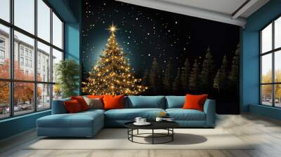 Decorated Illuminated Christimas Pine Tree at Night in Dark Forest Wall mural