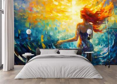 Fantasy Woman Mermaid Backwards Painting. AI generative. Canvas Texture, Brush Strokes. Wall mural