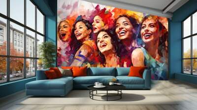 Happy Smiling Multinational Women Group Acrylic Painting. Canvas Texture, Brush Strokes. Wall mural