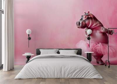 Hippo in Ballerina Skirt Dancing on Pink Background Banner with Copy Space Wall mural