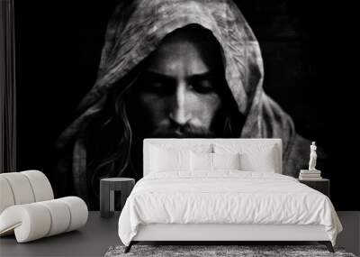 Jesus Christ Portrait in Hood. Black and White Old Picture Grain Wall mural