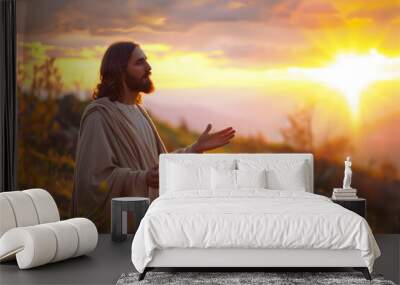 Jesus Christ Teaching Praying During Sunset Wall mural