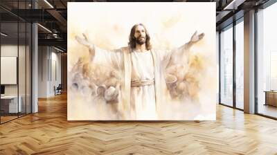 Jesus Christ with Open Arms Portrait Watercolor Painting Wall mural