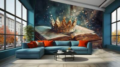 King Crown on Old Vintage Opened Book Wall mural