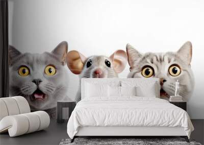 Portrait of Three Surprised Animals (cats and mouse). Isolated on White and PNG Transparent Background. Wall mural