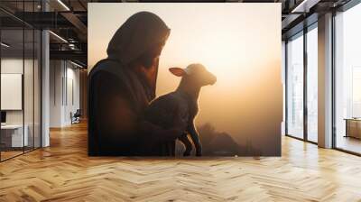 Shepherd Jesus Christ Taking Care of One Missing Lamb during Sunset.  Wall mural