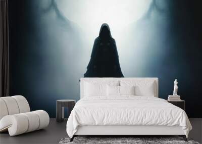 Silhouette of Death Angel Woman in Black Clothes, Hooded with Wings. AI generative. Fallen Angel. Wall mural