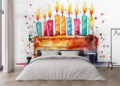 Watercolor Birthday Cake with Nine Candles Isolated on White Background. Birthday Celebration Cake Wall mural