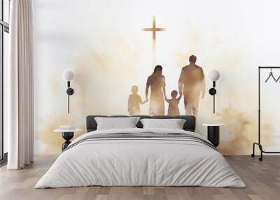 Watercolor Family at the Cross, Religion Concept Wall mural