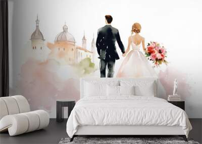 Watercolor Groom and Bride Against Catholic Church Isolated on White, wedding background Wall mural