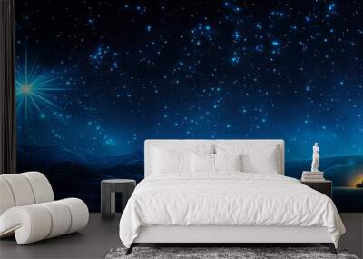 Wooden Stable at Dark Blue Starry Night, Jesus Christ Birth Concept Banner with Copy Space Wall mural