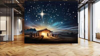 Wooden Stable at Dark Blue Starry Night, Jesus Christ Birth Concept with Copy Space Wall mural