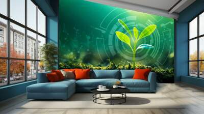 Young Sprout Agricultural Technologies, Scientific Research Banner, Organic Digital Background. Copy Space Wall mural