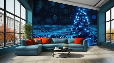 Cyberpunk Christmas Tree on a Circuit Board Wall mural