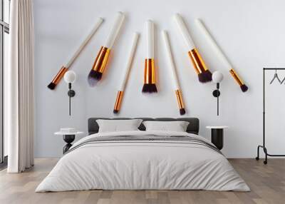 Flat lay top view of female cosmetics brushes set for makeup on white background. Cosmetics and beauty concept. Make up concept with space for text.. Wall mural