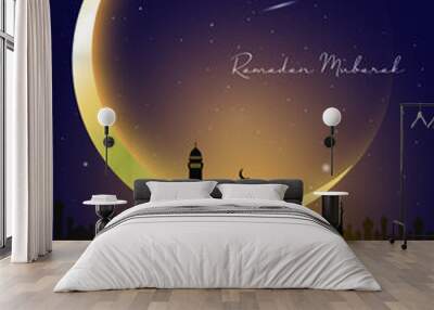 Ramadan Mubarak vector greeting background with grassland, moon and mosque with night scene for banner, Flyer, social media, print, poster, web. Wall mural