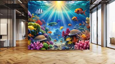 - Vibrant Underwater World: Coral reefs, exotic fish, ocean depths, shimmering light, marine life. Wall mural