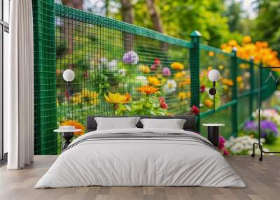 A close-up of a green garden mesh fence surrounding a lush flowerbed, protecting delicate blooms from hungry birds and adding rustic charm to the outdoor space. Wall mural